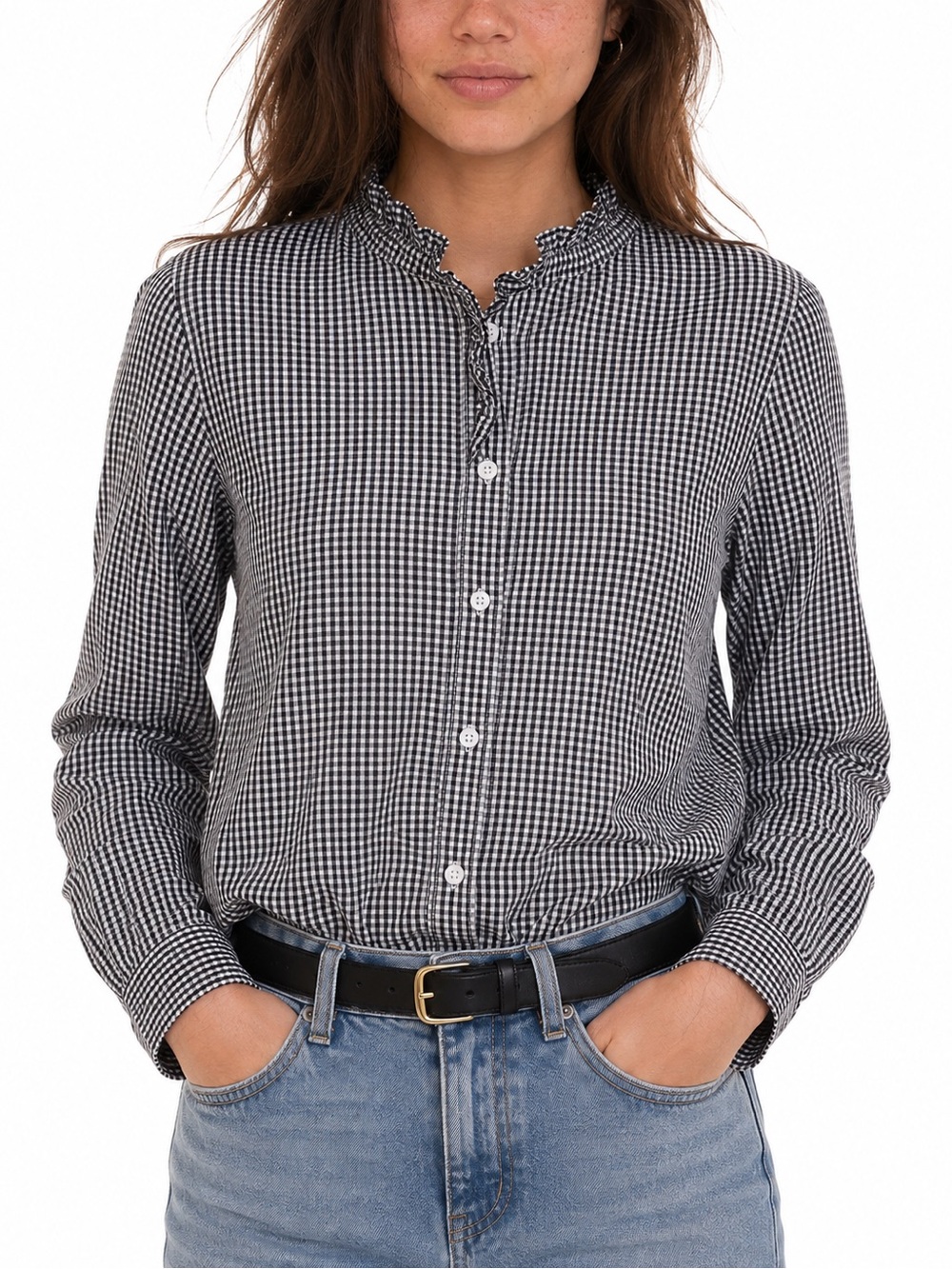 Comptoir des Cotonniers Black White Gingham Ruffle Blouse FR 38 / M